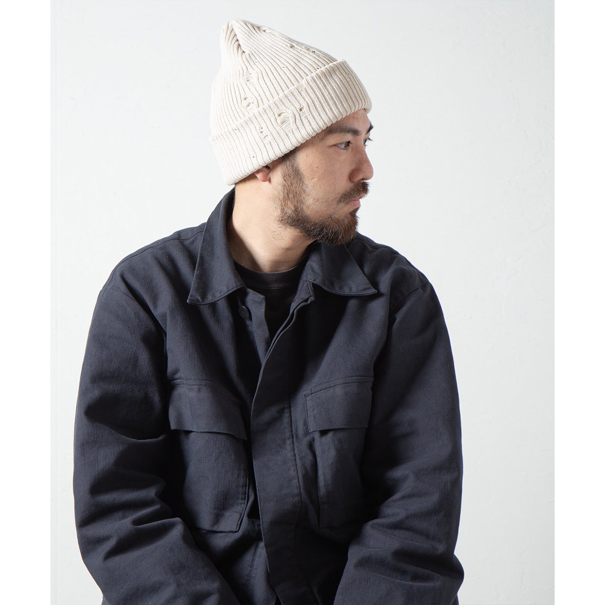 Racal Ripped Cotton Knit Watch Cap, Ivory