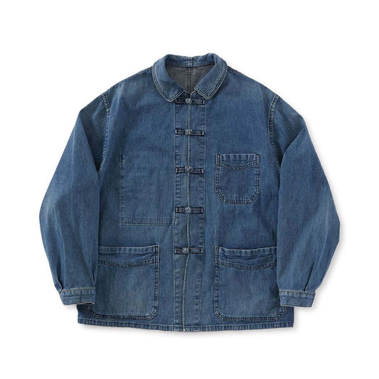 Men's Light Denim Chinese Button Washed French Work Jacket