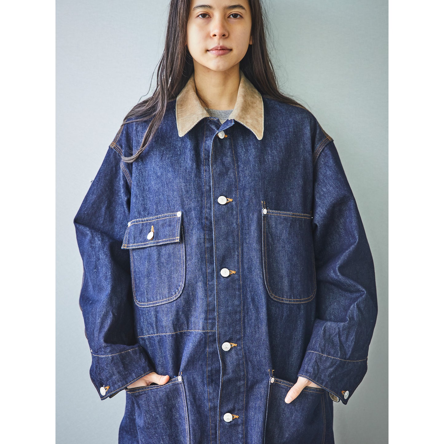 Women's Loose Fit Long Coat, Blue Denim One Wash