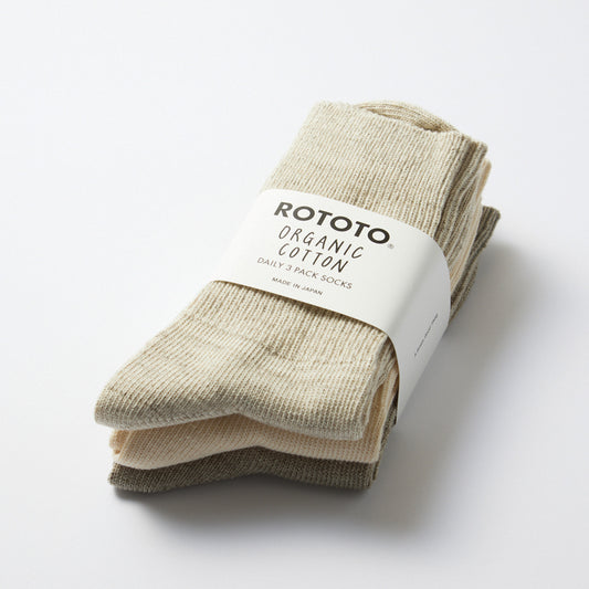 Organic Daily 3 Pack Ribbed Crew Socks, Ecru/Gray