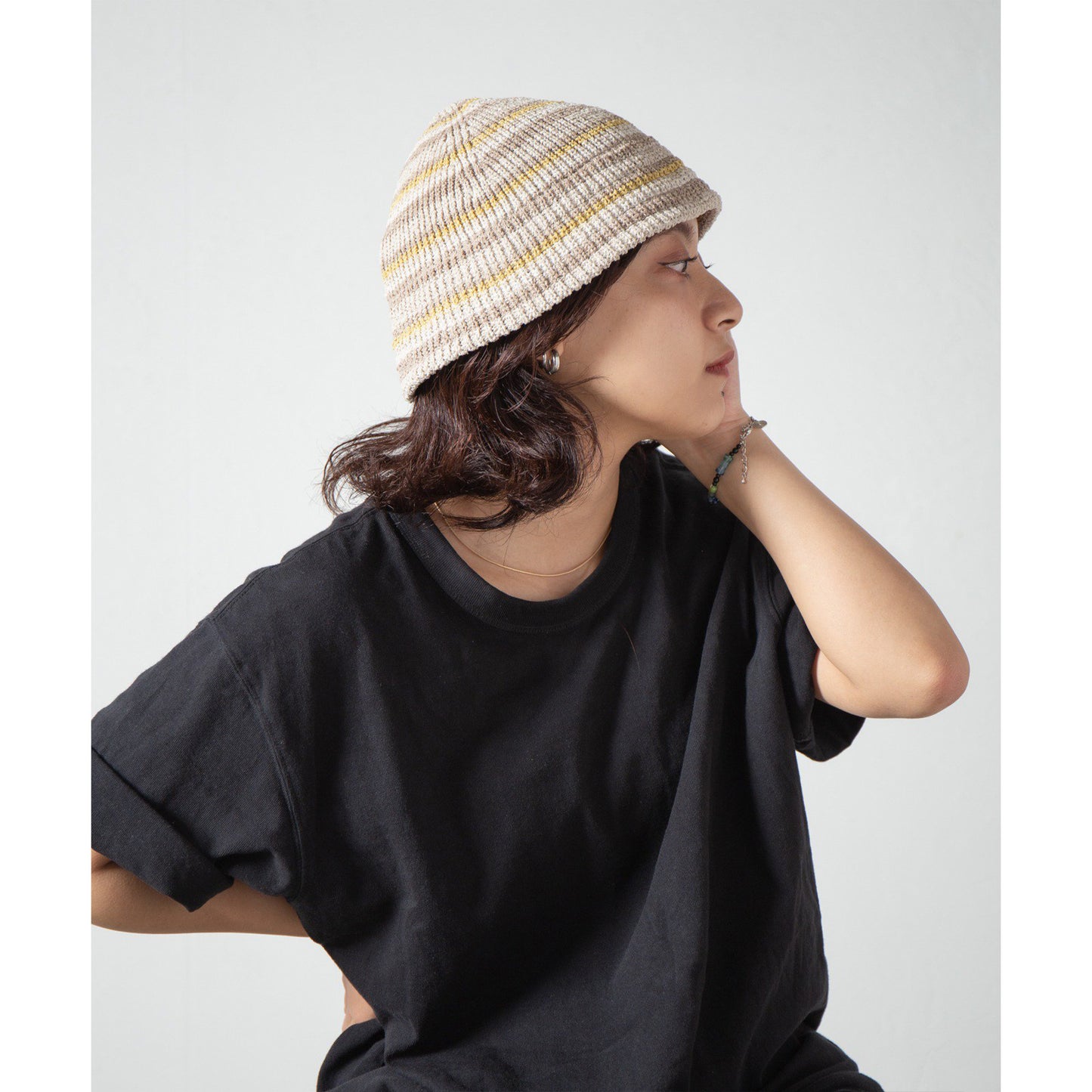 Racal Multi Border Japanese Paper Knit Bucket Hat, Beige