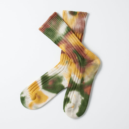 Chunky Ribbed Tie Dye Crew Socks, Green/Gold/Brown