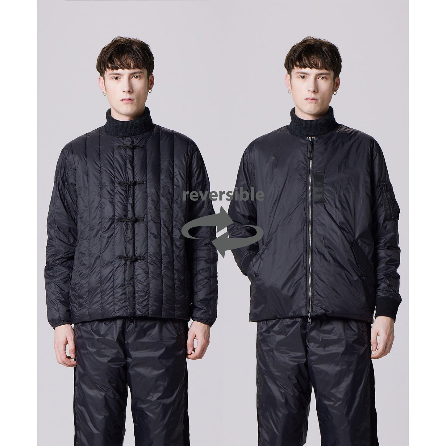 Mandarin Reversible Down Jacket, Black/Black