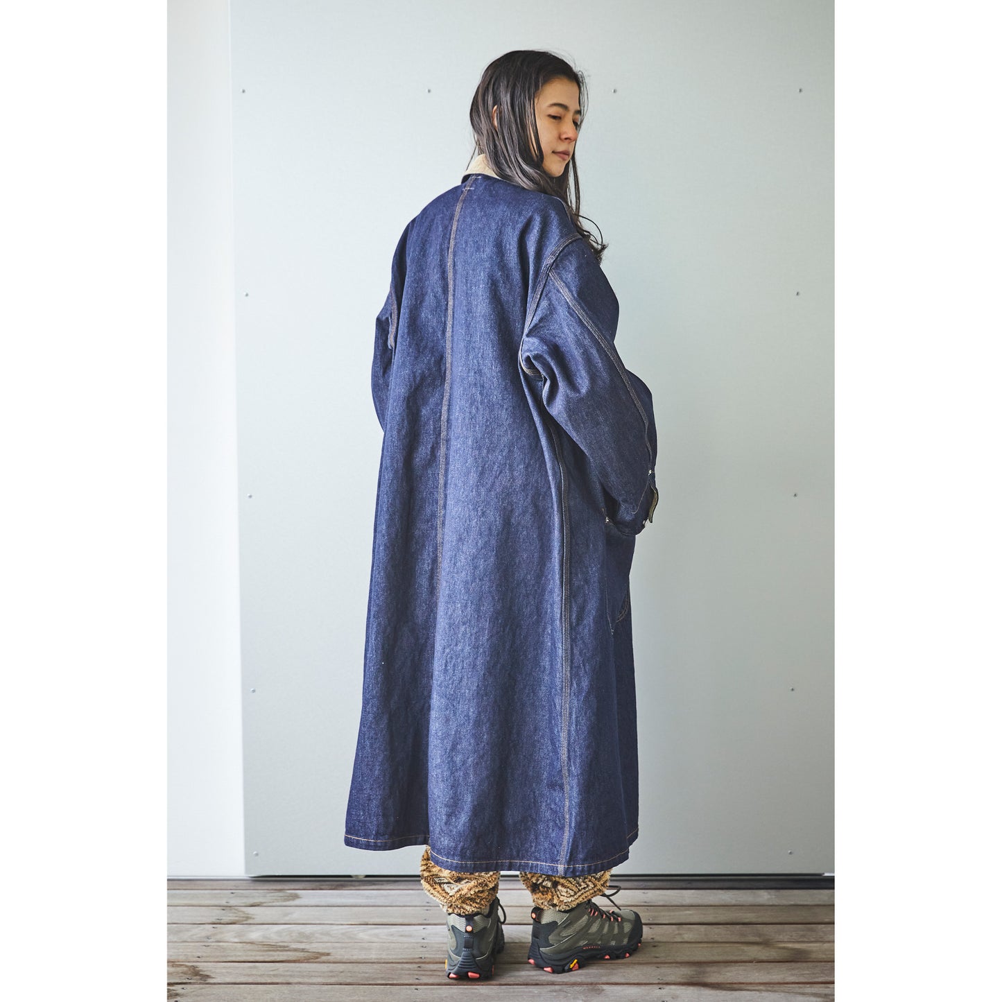 Women's Loose Fit Long Coat, Blue Denim One Wash