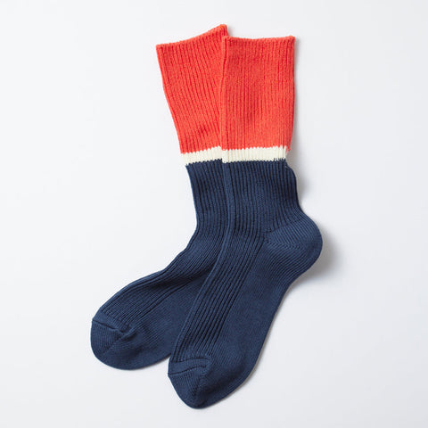 RoToTo Bicolor Ribbed Crew Socks, Light Red / Ink Blue